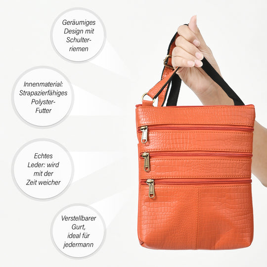CLOSE OUT - Echtleder Crossbody Tasche mit Kroko Prägung, Multi-Fächer, 20 x 24 cm, Cognac