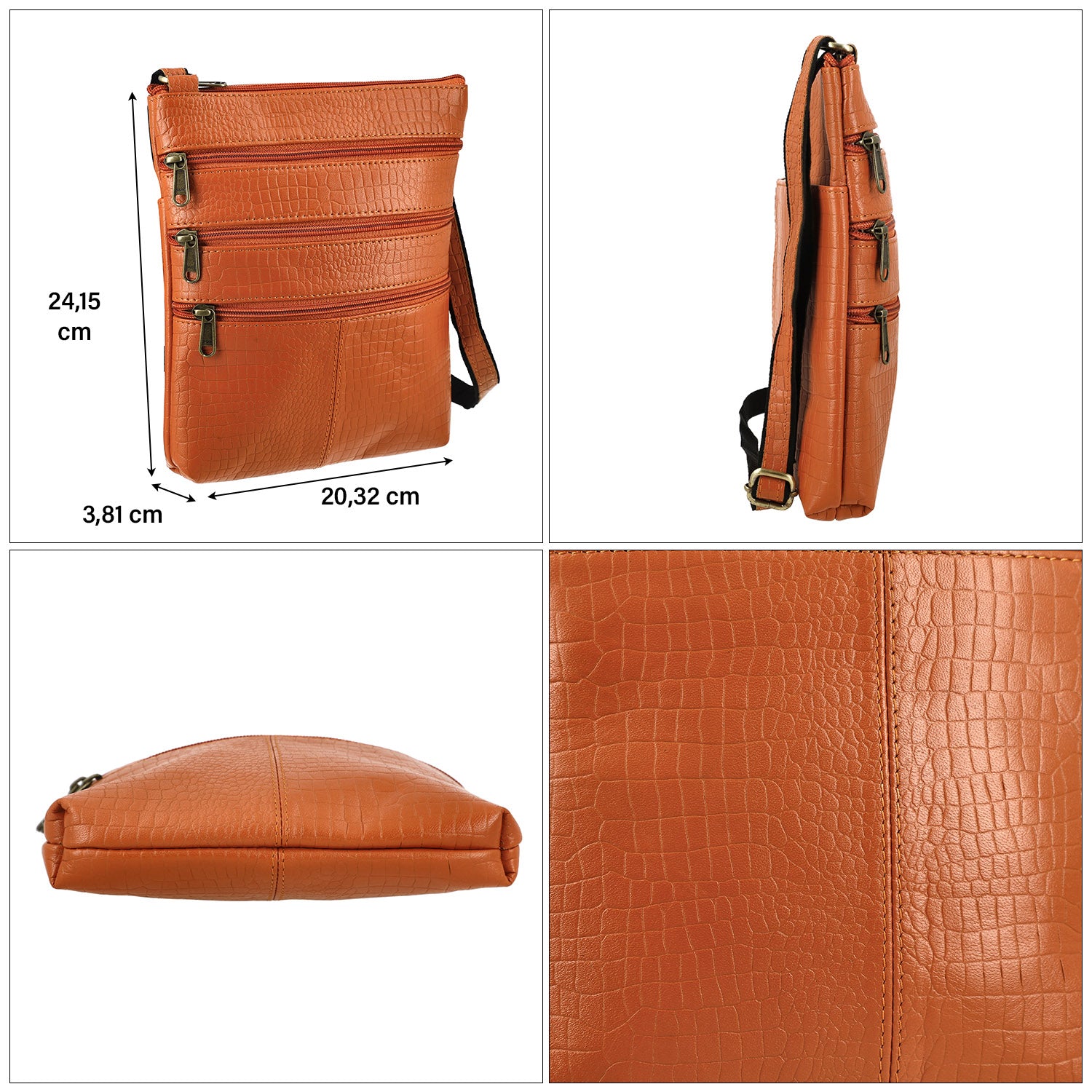 CLOSE OUT - Echtleder Crossbody Tasche mit Kroko Prägung, Multi-Fächer, 20 x 24 cm, Cognac