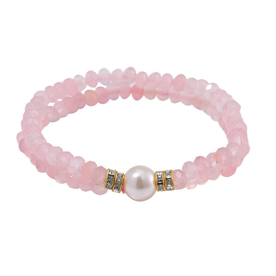 Muschelkernperle (9-11 mm) Armband mit Rosenquarz und Weißem Kristall, flexibel (18-19 cm), Goldfarben