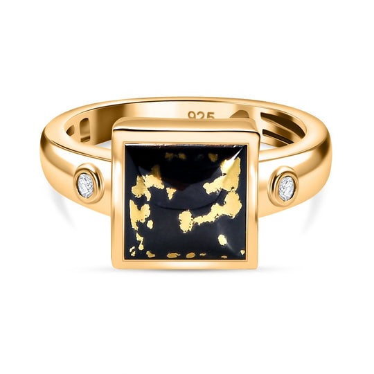 Tucson Exklusive- Goldenite, Weißer Zirkon Ring 925 Silber 750 Gelbgold Vermeil (Größe 21.00) ca. 2.62 ct