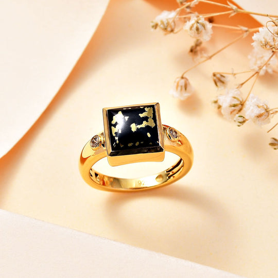 Tucson Exklusive- Goldenite, Weißer Zirkon Ring 925 Silber 750 Gelbgold Vermeil (Größe 21.00) ca. 2.62 ct