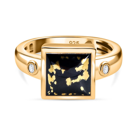 Tucson Exklusive- Goldenite, Weißer Zirkon Ring 925 Silber 750 Gelbgold Vermeil (Größe 21.00) ca. 2.62 ct