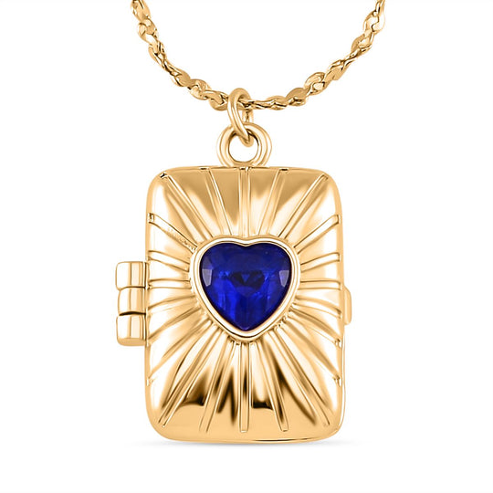 Blauer Kristall Medallion Anhänger mit Kette, ca. 45 cm, Messing