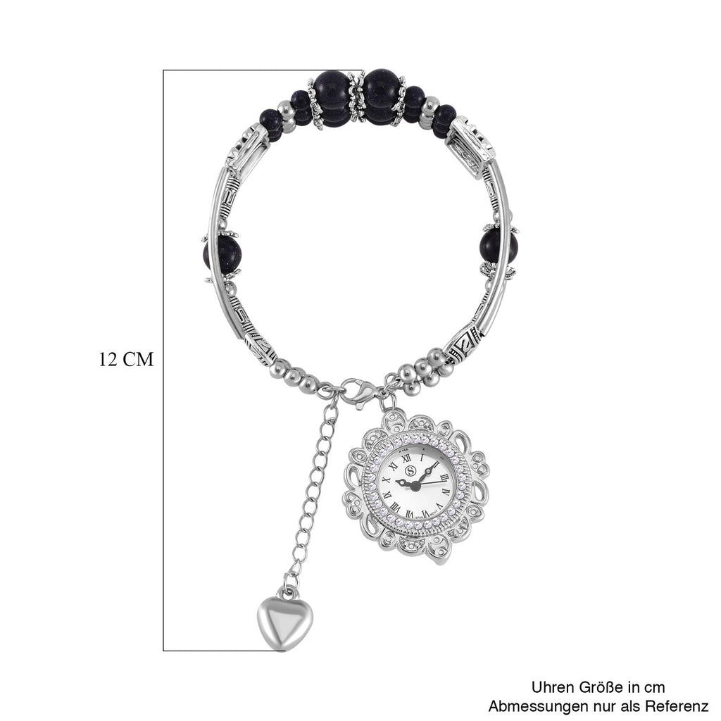 STRADA - Blauer Sandstein verstellbare Perlenarmbanduhr mit japanischem Uhrwerk, 17-21 cm Edelstahl