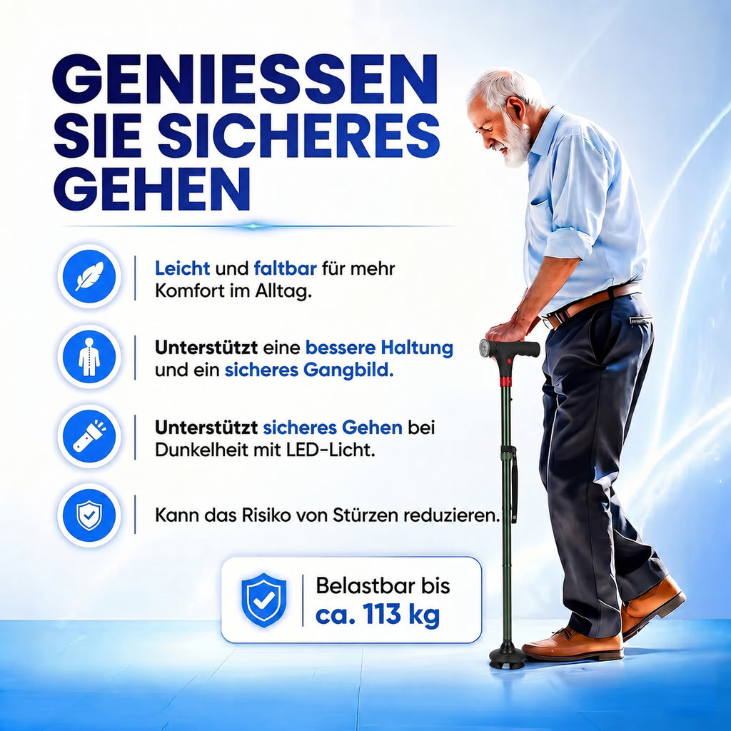 LIVMORE faltbarer Smart Gehstock mit LED Licht und SOS Alarm, Belastbarkeit 113kg, Schwarz