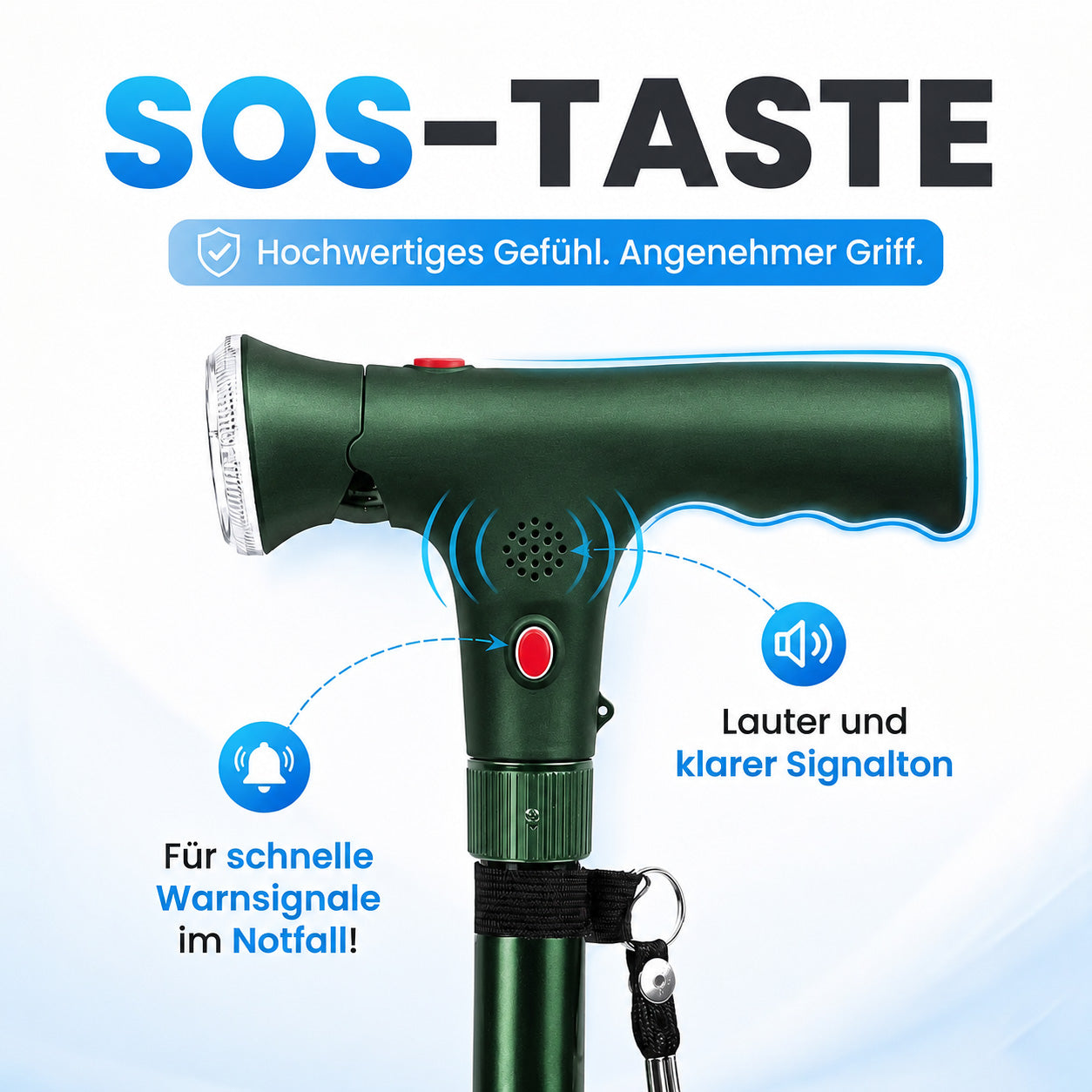 LIVMORE faltbarer Smart Gehstock mit LED Licht und SOS Alarm, Belastbarkeit 113kg, Schwarz