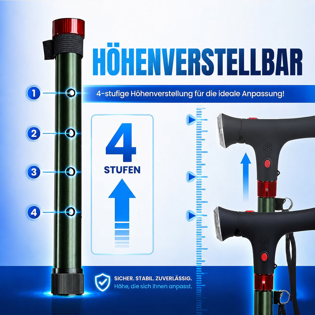 LIVMORE faltbarer Smart Gehstock mit LED Licht und SOS Alarm, Belastbarkeit 113kg, Schwarz