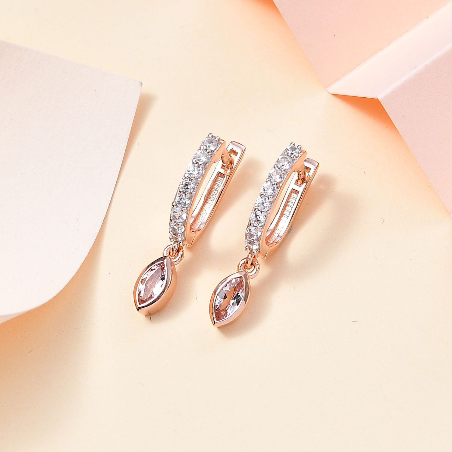 AA Morganit, Weiße Zirkon Ohrringe, 925 Silber 750 Roségold Vermeil ca. 0.72 ct