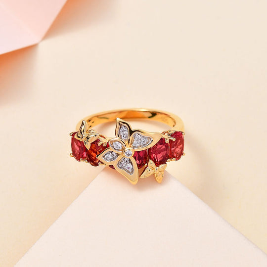 GP Italienischer Garten Kollektion - Lab Grown Padparadscha-Saphir (B), Weißer Zirkon Schmetterling Ring 925 Silber 750 Gelbgold Vermeil ca. 4.09 ct