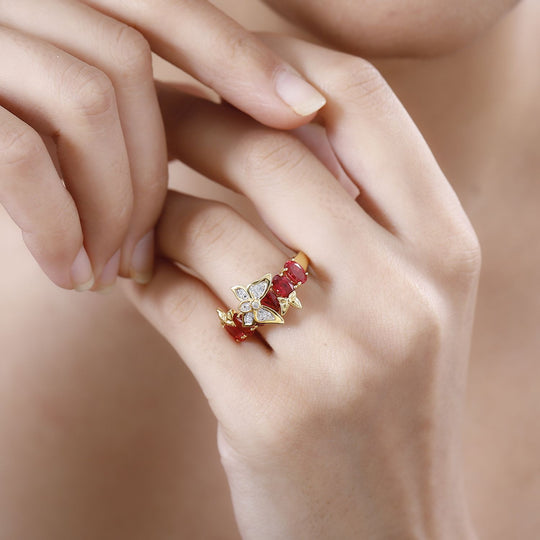GP Italienischer Garten Kollektion - Lab Grown Padparadscha-Saphir (B), Weißer Zirkon Schmetterling Ring 925 Silber 750 Gelbgold Vermeil ca. 4.09 ct