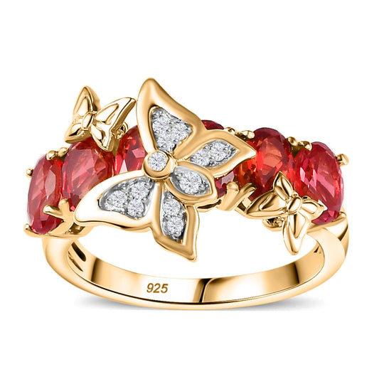 GP Italienischer Garten Kollektion - Lab Grown Padparadscha-Saphir (B), Weißer Zirkon Schmetterling Ring 925 Silber 750 Gelbgold Vermeil ca. 4.09 ct