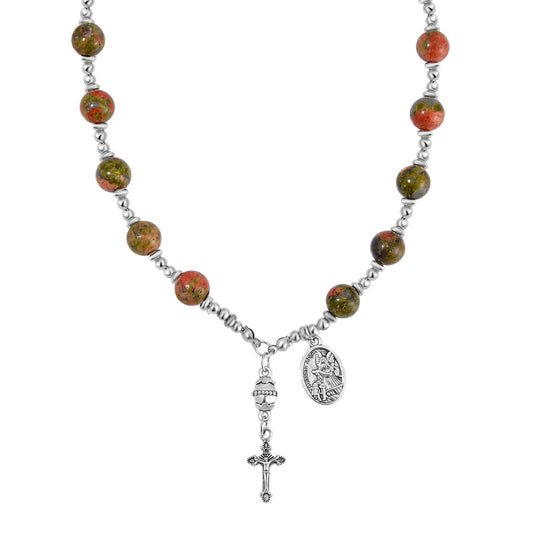 Tigerauge Rosenkranzkette mit Kreuzanhänger und Medaillon, ca. 45 cm+ 5 cm Extender, ca. 180.00 ct
