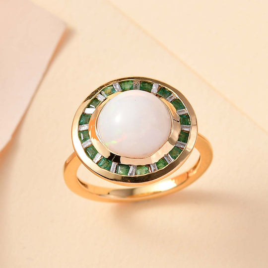 AA Natürlicher, äthiopischer Welo Opal, Smaragd Ring 925 Silber 750 Gelbgold Vermeil (Größe 17.00) ca. 3,25 ct