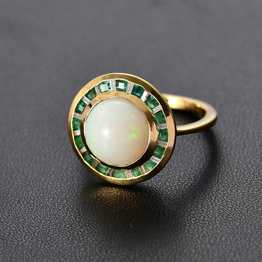 AA Natürlicher, äthiopischer Welo Opal, Smaragd Ring 925 Silber 750 Gelbgold Vermeil (Größe 17.00) ca. 3,25 ct
