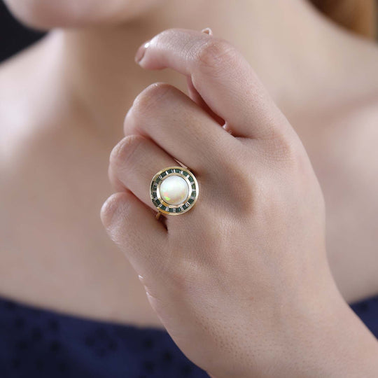 AA Natürlicher, äthiopischer Welo Opal, Smaragd Ring 925 Silber 750 Gelbgold Vermeil (Größe 17.00) ca. 3,25 ct