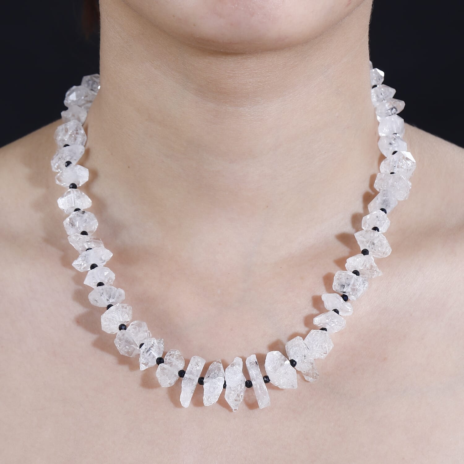 Schwarzer Spinell, Herkimer Diamant Quarz Halskette ca. 45 cm + 5 cm Extender, 925 Silber Gelbgold Vermeil ca. 360.00 ct.
