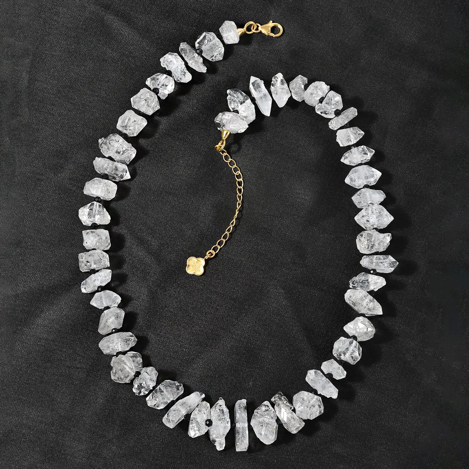 Schwarzer Spinell, Herkimer Diamant Quarz Halskette ca. 45 cm + 5 cm Extender, 925 Silber Gelbgold Vermeil ca. 360.00 ct.