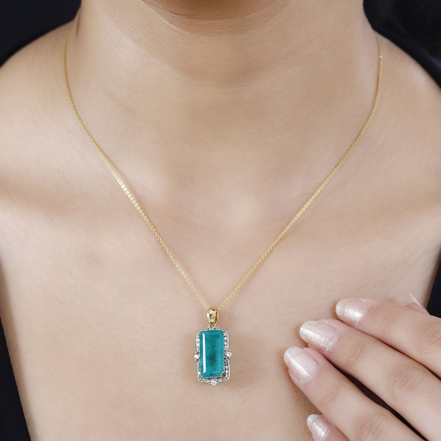 Smaragd-Quarz Triplette, Weißer Zirkon Anhänger 925 Silber 750 Gelbgold Vermeil ca. 7,58 ct.