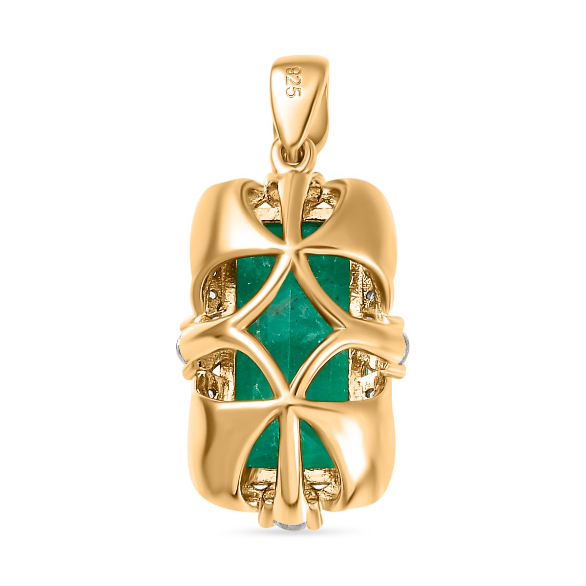 Smaragd-Quarz Triplette, Weißer Zirkon Anhänger 925 Silber 750 Gelbgold Vermeil ca. 7,58 ct.