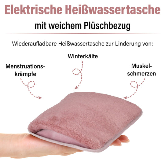 Elektrische Wärmflasche mit Plüschbezug, Wiederaufladbar, langlebig, ideal für Wärme und Entspannung, Größe 19x27 cm, rosa