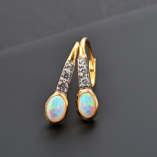AA Natürlicher, äthiopischer Welo Opal, Weißer Zirkon Ohrringe 925 Silber vergoldet ca. 0.96 ct