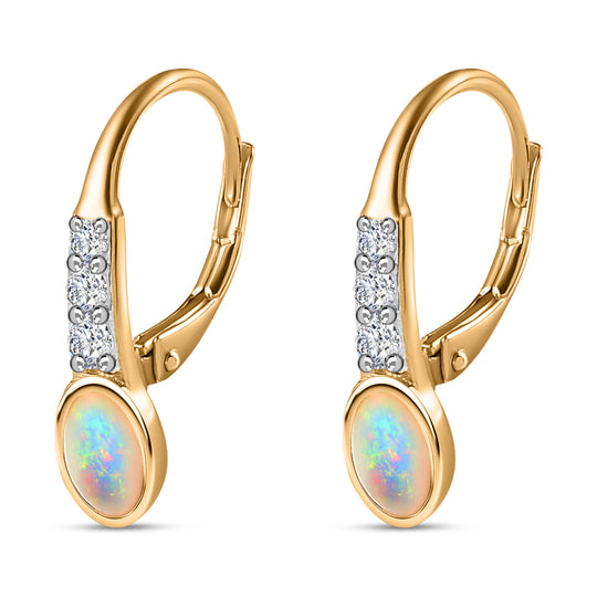 AA Natürlicher, äthiopischer Welo Opal, Weißer Zirkon Ohrringe 925 Silber vergoldet ca. 0.96 ct