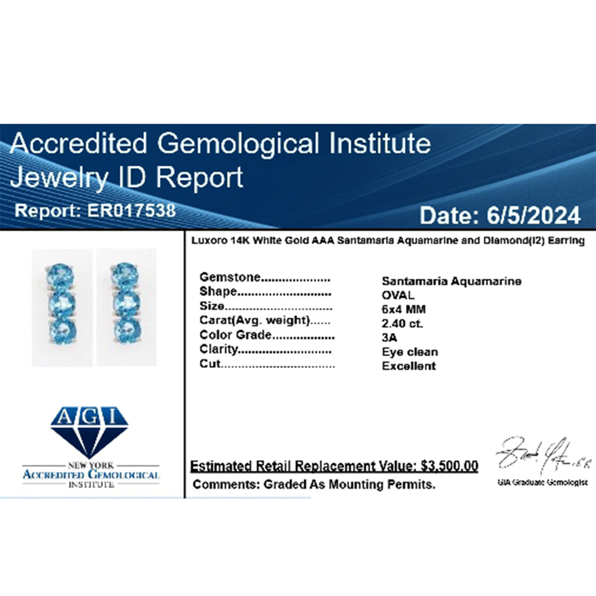 LUXORO zertifizierte und geprüfte AAA Santamaria Aquamarin Trilogie Ohrringe in 585 Weißgold - 2,40 ct.