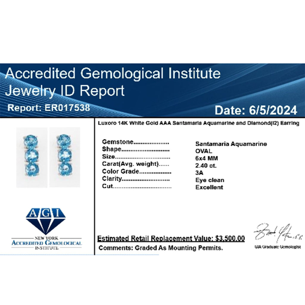 LUXORO zertifizierte und geprüfte AAA Santamaria Aquamarin Trilogie Ohrringe in 585 Weißgold - 2,40 ct.