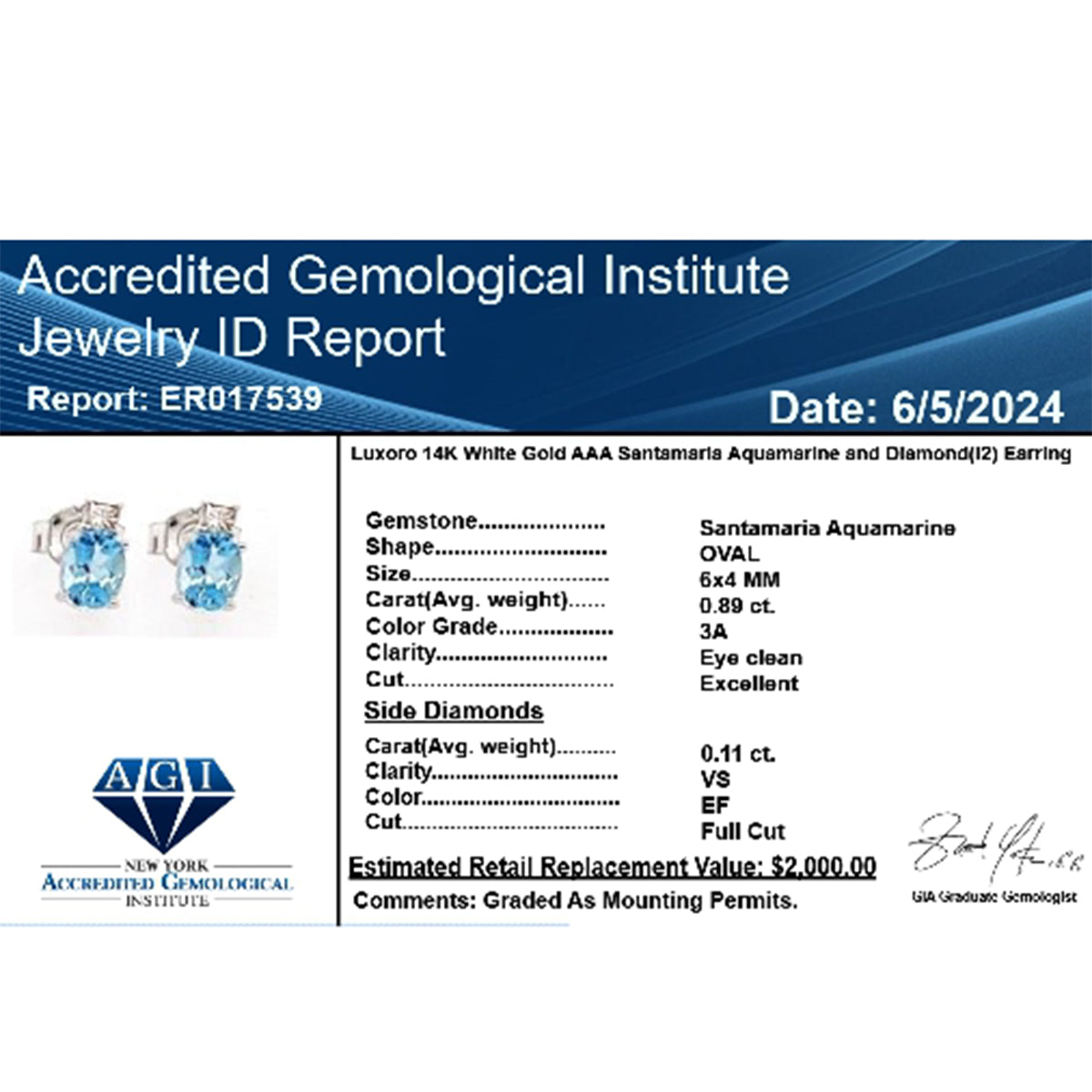 LUXORO zertifizierte und geprüfte AAA Santamaria Aquamarin und Diamant Ohrringe in 585 Weißgold - 1 ct.
