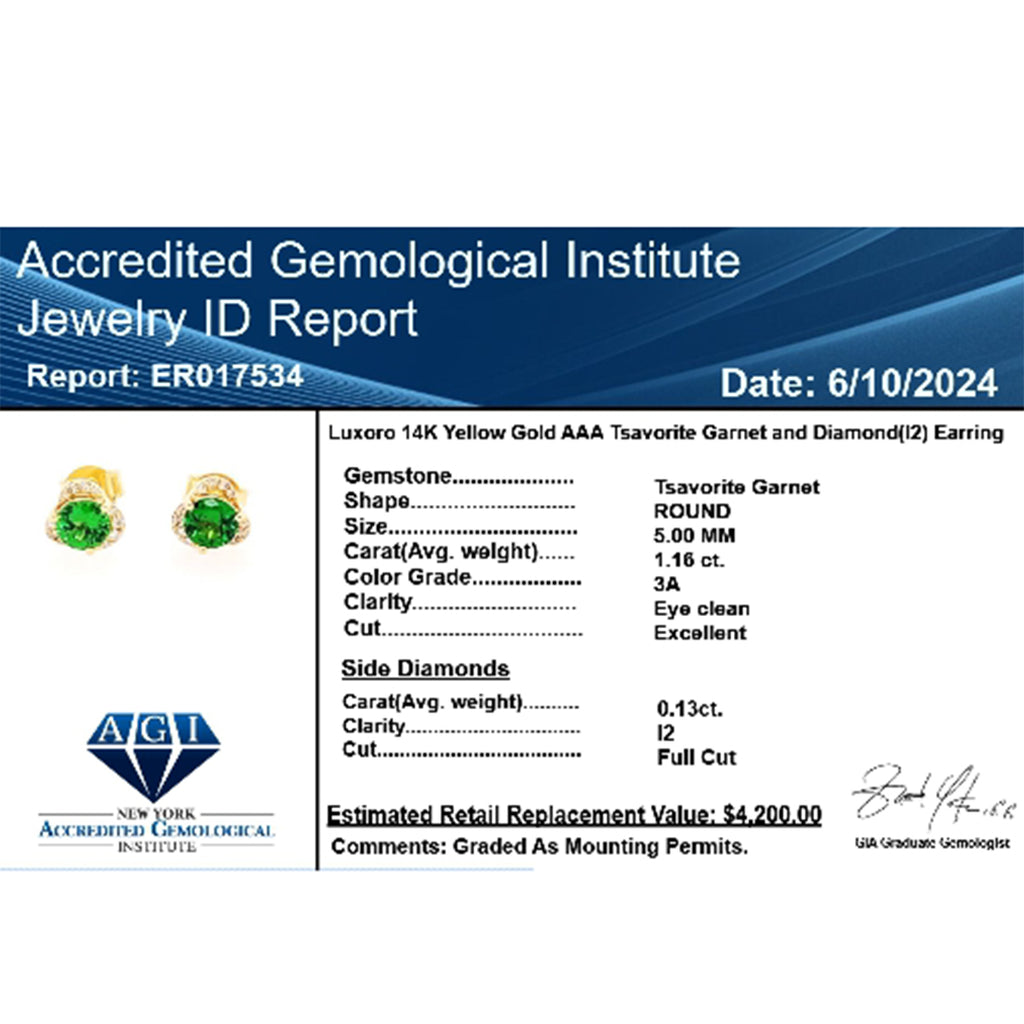 LUXORO zertifizierte und geprüfte AAA Tsavorite Granat und I2 Diamant Ohrringe in 585 Gold - 1,29 ct.