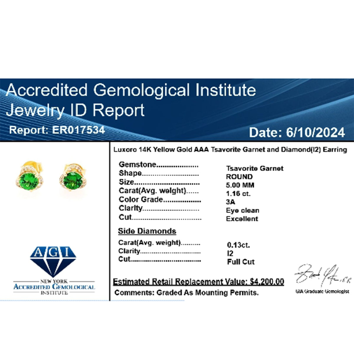 LUXORO zertifizierte und geprüfte AAA Tsavorite Granat und I2 Diamant Ohrringe in 585 Gold - 1,29 ct.