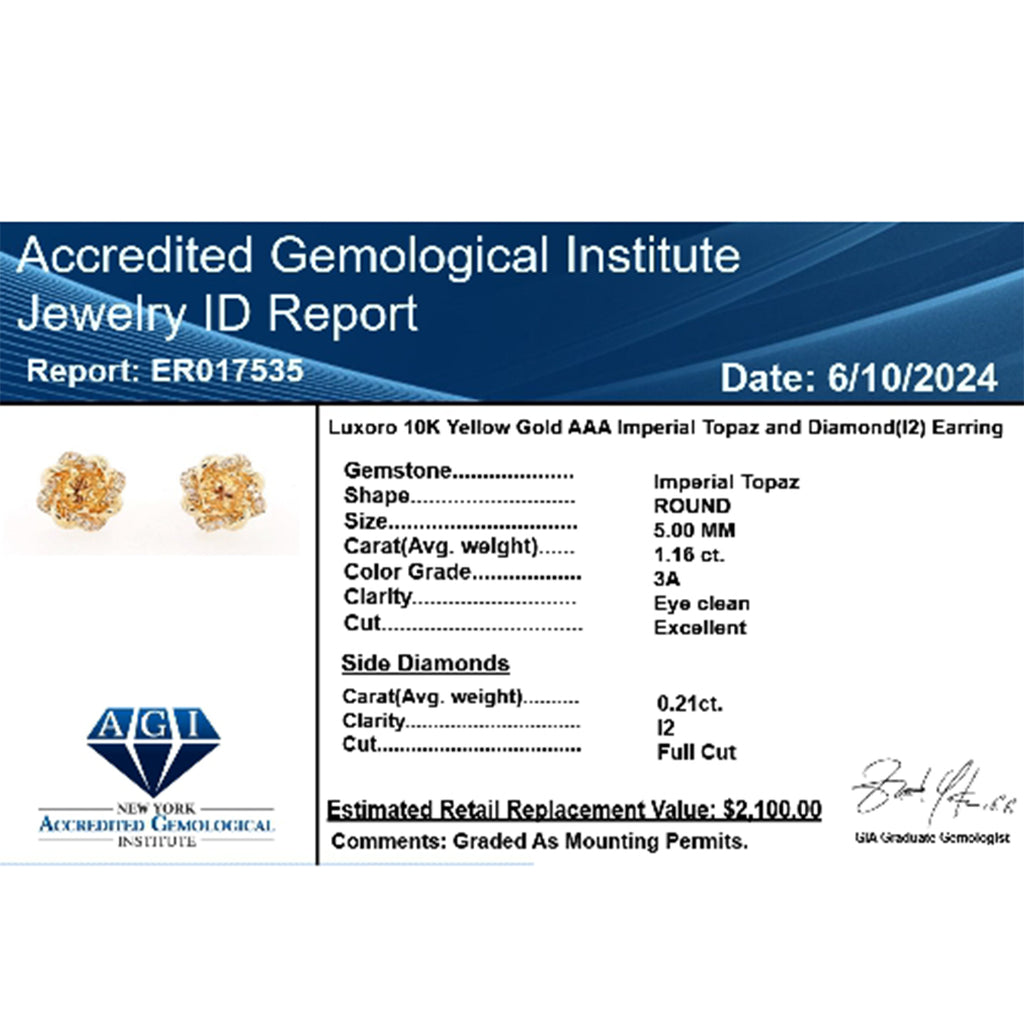 AAA Kaiserlicher Topas, Weißer Diamant AGI zertifiziert Ohrringe 417 Gold ca. 1.37 ct