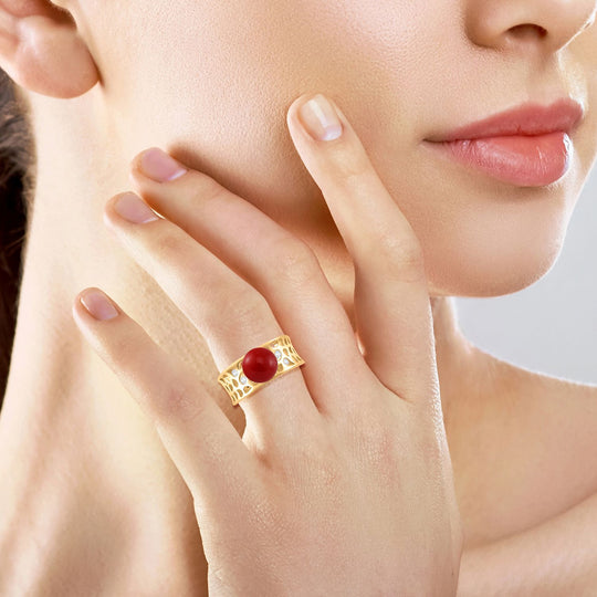 Rote Muschelkernperle, Moissanit Ring 925 Silber vergoldet