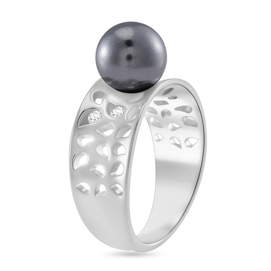Tahiti Muschelkernperle und Moissanit Ring, 925 Silber platiniert