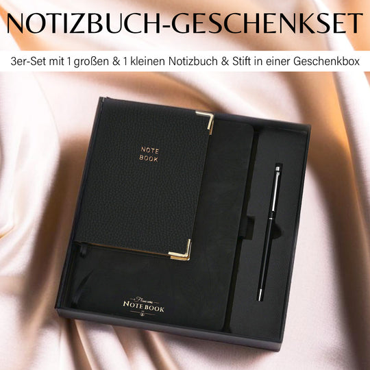 Blumengeprägtes Notizbuch-Geschenkset - Schwarz, Großes Notizbuch 21 x 14,5 cm, Kleines Notizbuch 14,9 x 10,8 cm, Stiftmaterial: Metall, Boxgröße: 22,5 x 20,9 x 3,8 cm, Boxfarbe: Schwarz