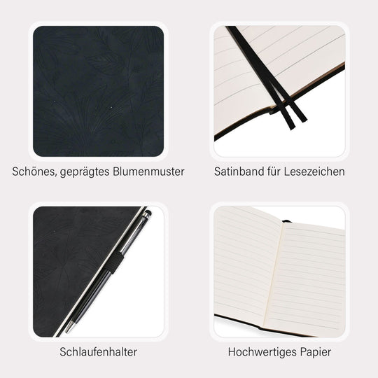 Blumengeprägtes Notizbuch-Geschenkset - Schwarz, Großes Notizbuch 21 x 14,5 cm, Kleines Notizbuch 14,9 x 10,8 cm, Stiftmaterial: Metall, Boxgröße: 22,5 x 20,9 x 3,8 cm, Boxfarbe: Schwarz
