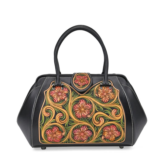 GRAND PELLE Elite Kollektion - Exklusive Handgravierte Lederhandtasche mit Floralem Meisterwerk, Größe 36 x 23 x 18 cm, grün