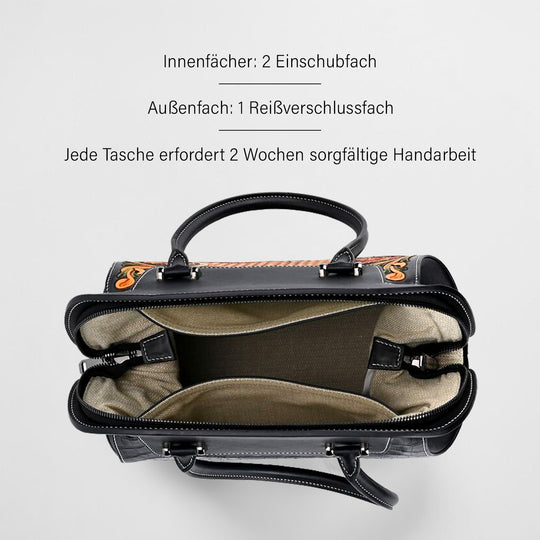Grand Pelle Elite Kollektion- Handgravierte Westernstil Premium-Lederhandtasche im Handgepäckstil mit floralem Kunstwerk, Größe 28 x 25 x 15 cm, schwarz