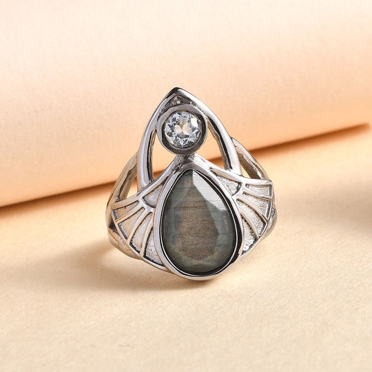 Labradorit, Himmelblauer Topas Ring 316L Edelstahl ca. 3.19 ct