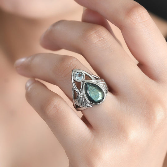 Labradorit, Himmelblauer Topas Ring 316L Edelstahl ca. 3.19 ct