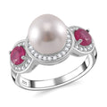 Weißer Muschelkernperle, afrikanischer Rubin und Zirkon Ring, 925 Silber platiniert