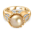 AA Goldene Südsee Perle, Weißer Zirkon Ring 925 Silber 750 Gelbgold Vermeil (Größe 17.00)