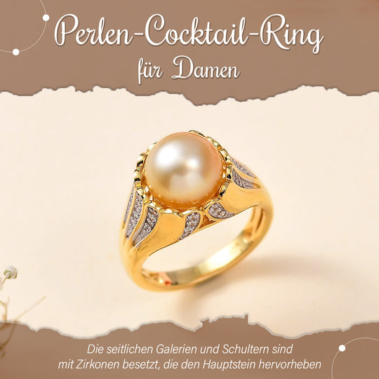 AA Goldene Südsee Perle, Weißer Zirkon Ring 925 Silber 750 Gelbgold Vermeil
