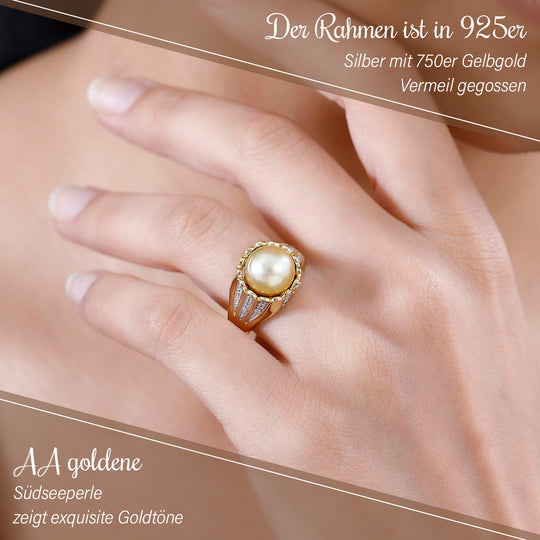 AA Goldene Südsee Perle, Weißer Zirkon Ring 925 Silber 750 Gelbgold Vermeil