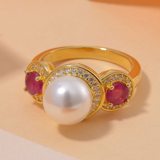 Weiße Muschelkernperle, Afrikanischer Rubin (Fissure gefüllt) Ring 925 Silber vergoldet (Größe 17.00)