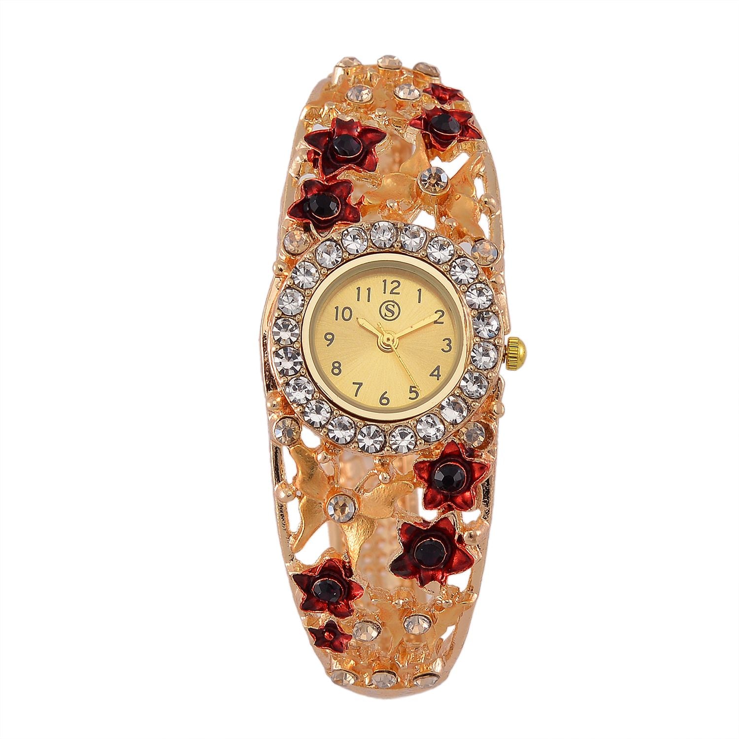 STRADA Bangle-Uhr - Mehrfarbiger Kristall, Japanisches PC21S Uhrwerk, Goldenes Zifferblatt, 316L Edelstahl gehäuse emailliert