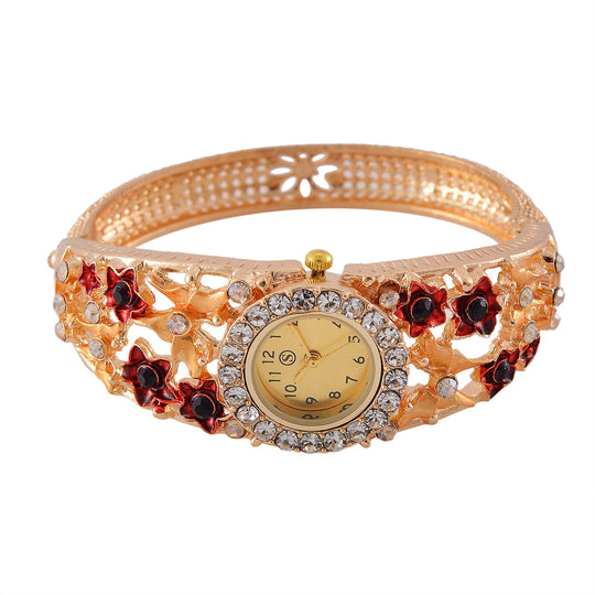 STRADA Bangle-Uhr - Mehrfarbiger Kristall, Japanisches PC21S Uhrwerk, Goldenes Zifferblatt, 316L Edelstahl gehäuse emailliert