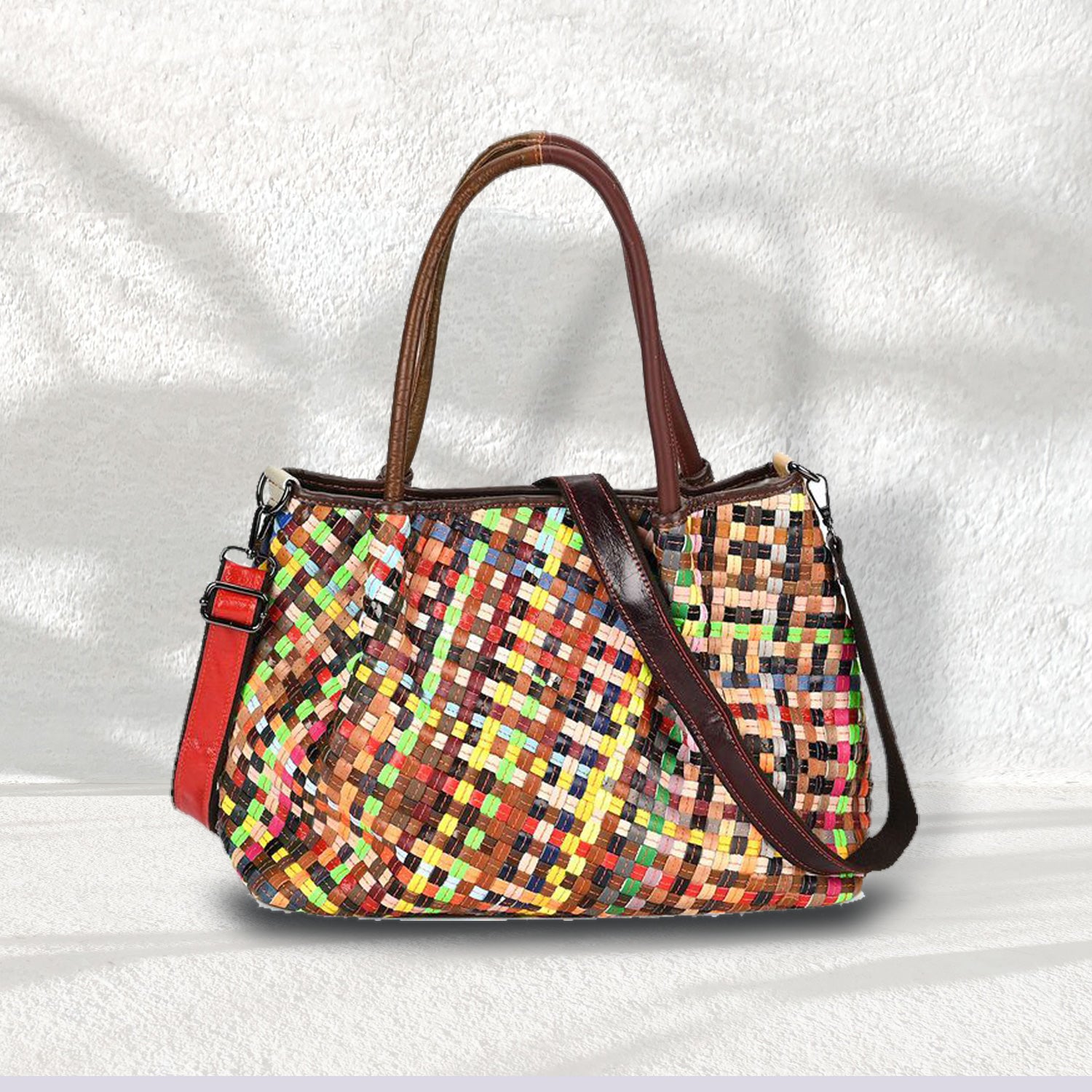 Chaos by Elsie - Echtleder Tragetasche mit RFID, Multicolor-Webmuster-Design, Größe: L39xW14xH27cm