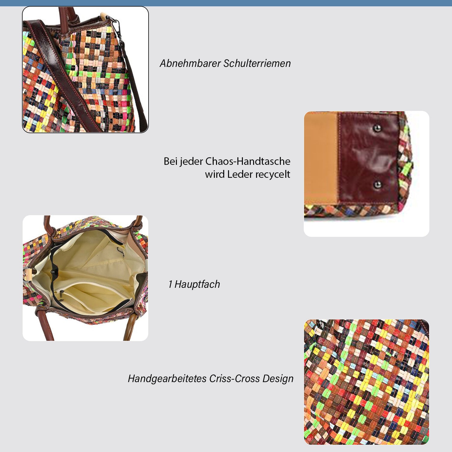 Chaos by Elsie - Echtleder Tragetasche mit RFID, Multicolor-Webmuster-Design, Größe: L39xW14xH27cm