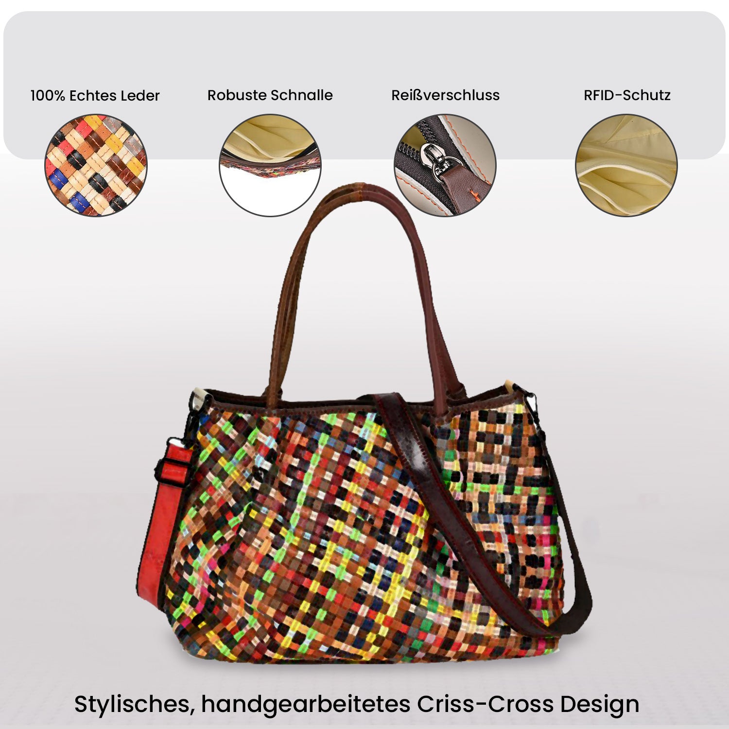 Chaos by Elsie - Echtleder Tragetasche mit RFID, Multicolor-Webmuster-Design, Größe: L39xW14xH27cm